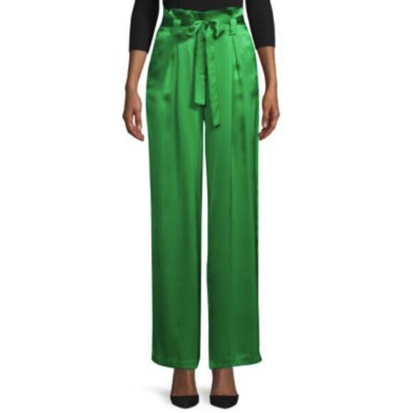 L'AGENCE Pants - L'AGENCE Bobby Silk Wide Leg Green Paperbag Pant - Size - 4